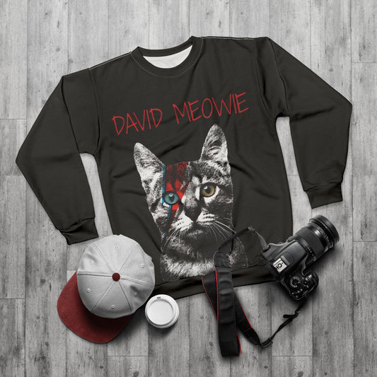 David Meowie sweatshirt featuring Renaissance-style cat design.