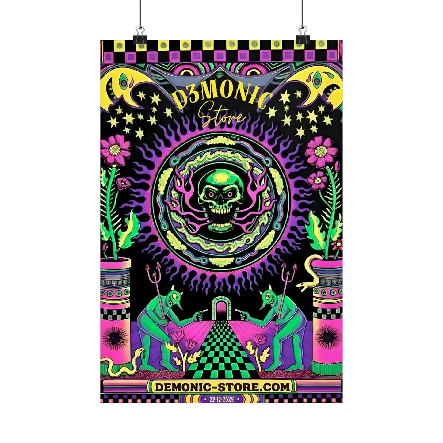 Colorful vintage devil poster with psychedelic design.