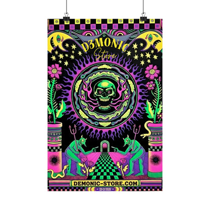 Colorful vintage devil poster with psychedelic design.