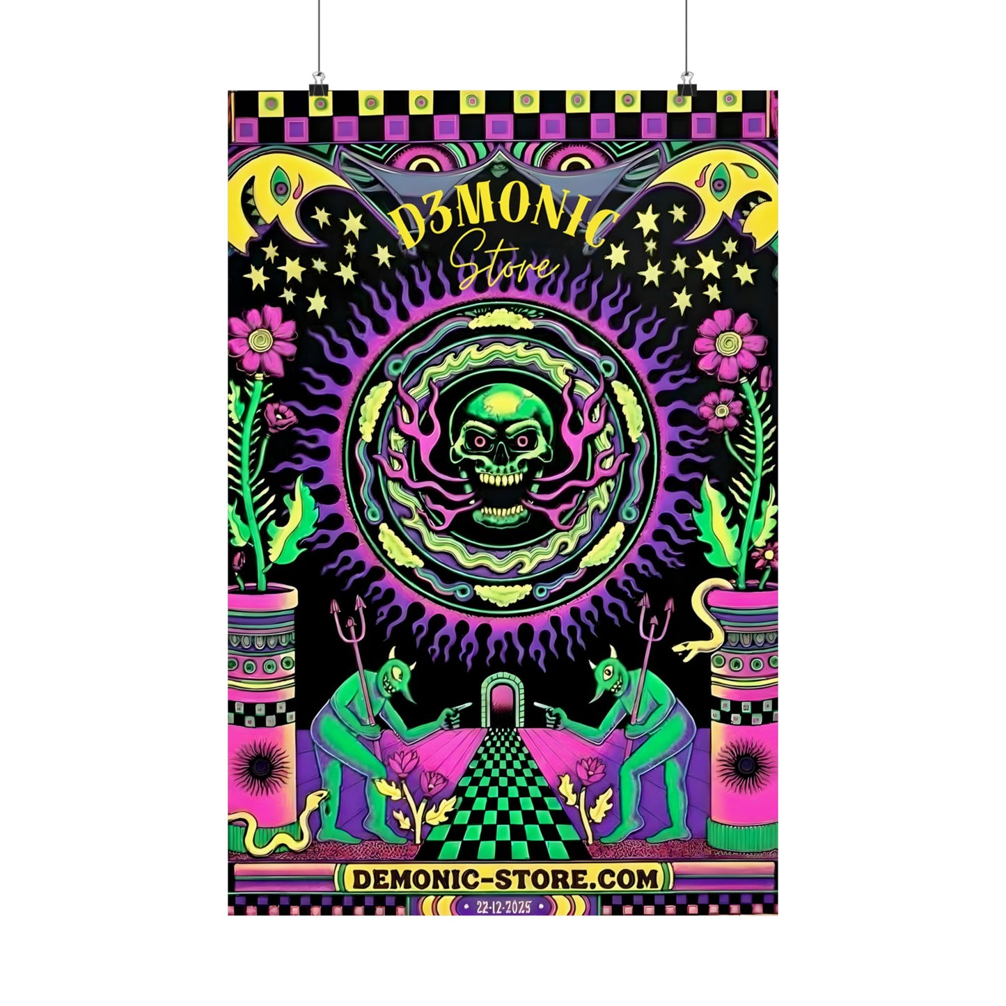 Colorful retro devil circus poster, skull design.