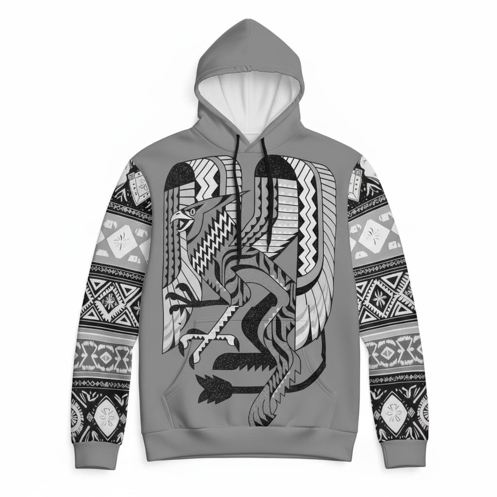D3's INKA Hoodie Viracocha Greymagic - Creator God, a grey hoodie with a white graphic print.