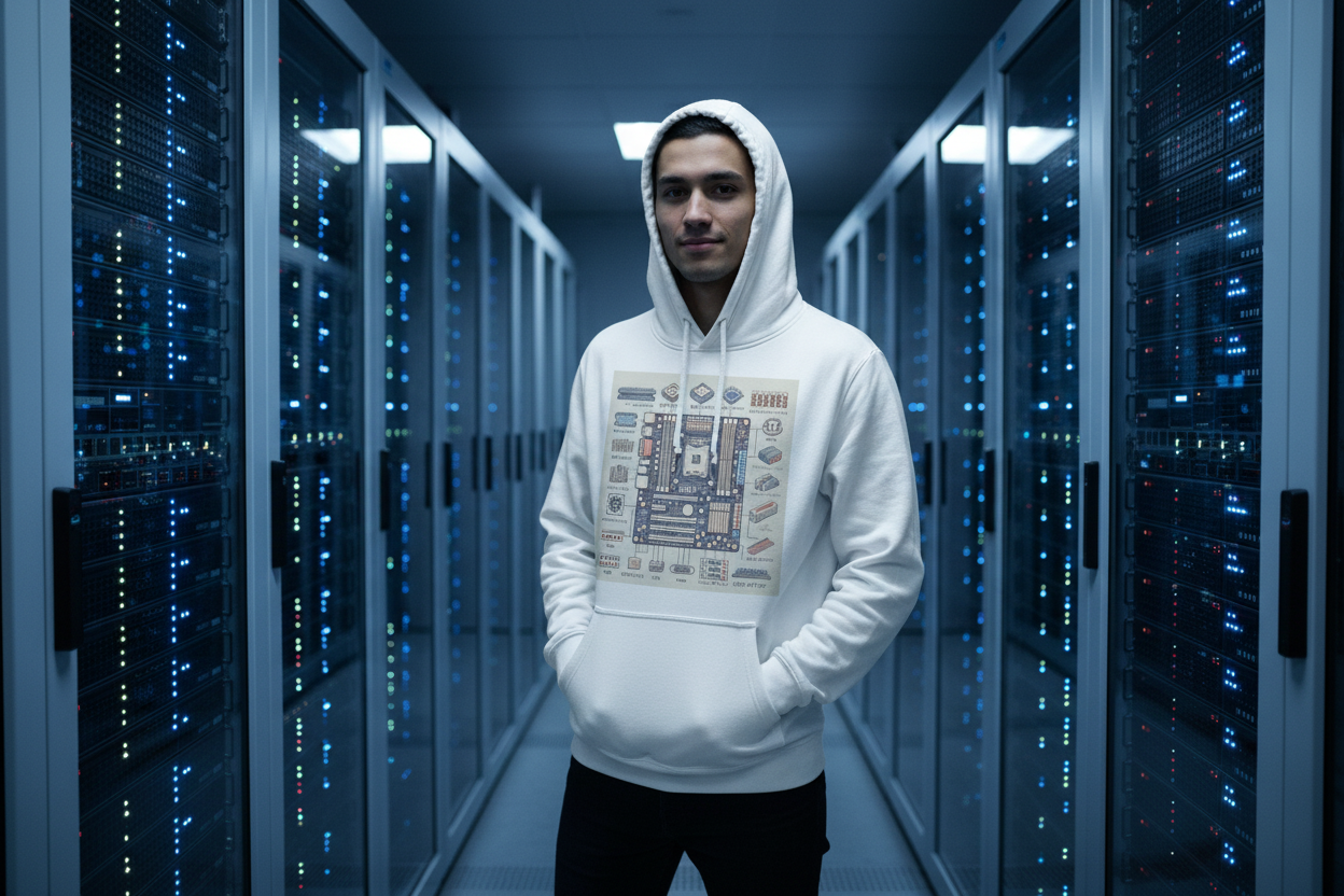 RETRO Motherboard Hoodie Lifestyle im Serverraum