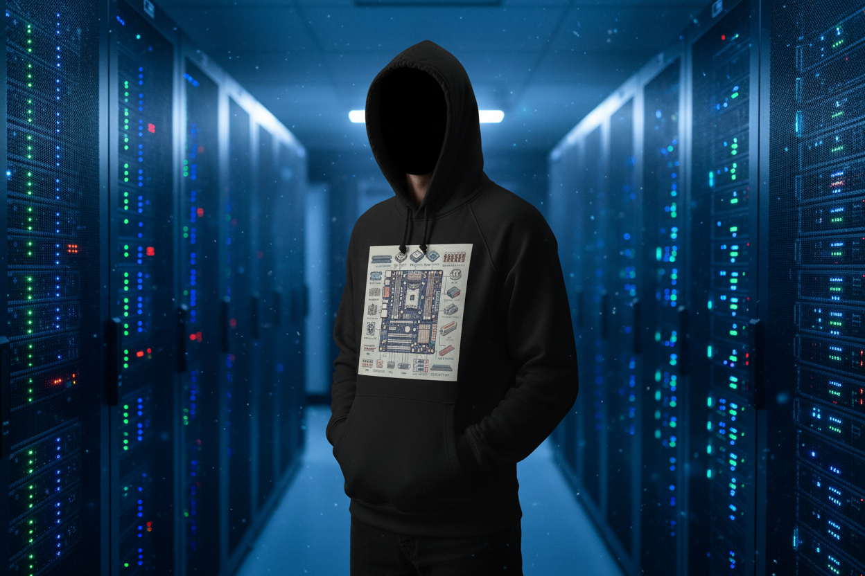 RETRO Motherboard Hoodie Schwarz Lifestyle im Serverraum