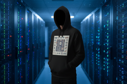 RETRO Motherboard Hoodie Schwarz Lifestyle im Serverraum