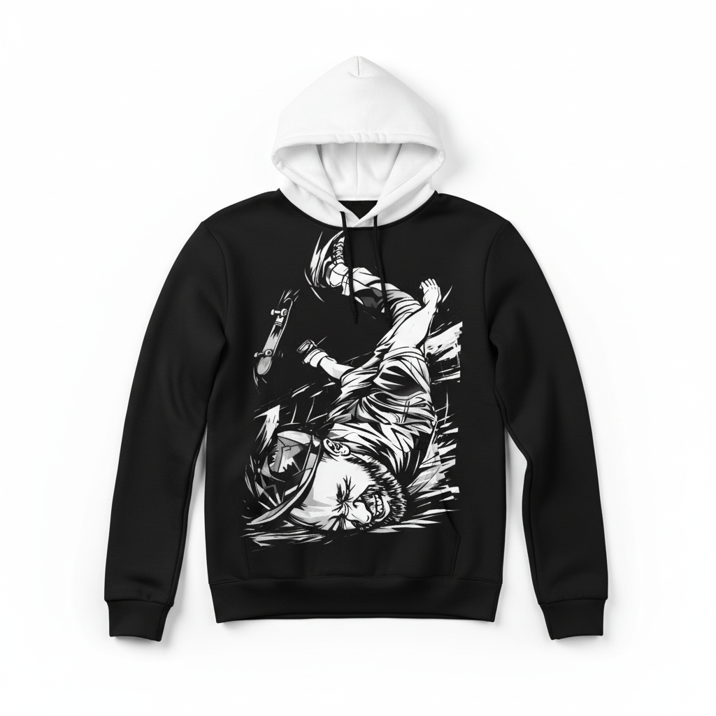 D3's SK8 FallDown Hoodie: A black hoodie with a graphic print of a skeleton falling on a skateboard.