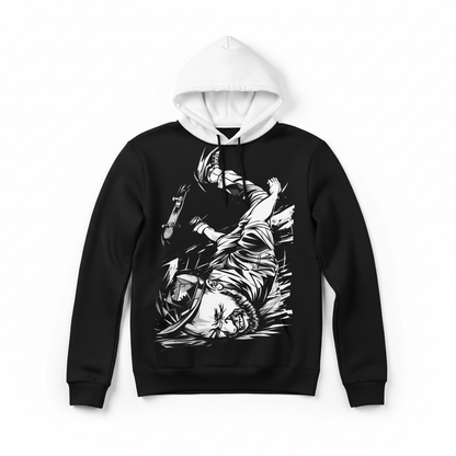 D3's SK8 FallDown Hoodie: A black hoodie with a graphic print of a skeleton falling on a skateboard.