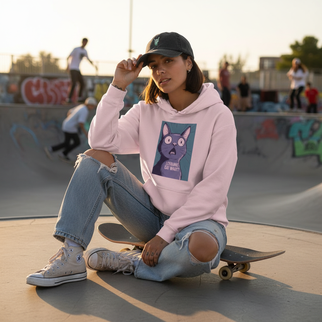 Woman in Skatepark with CATS Hoodie and ZOMBIE Cap