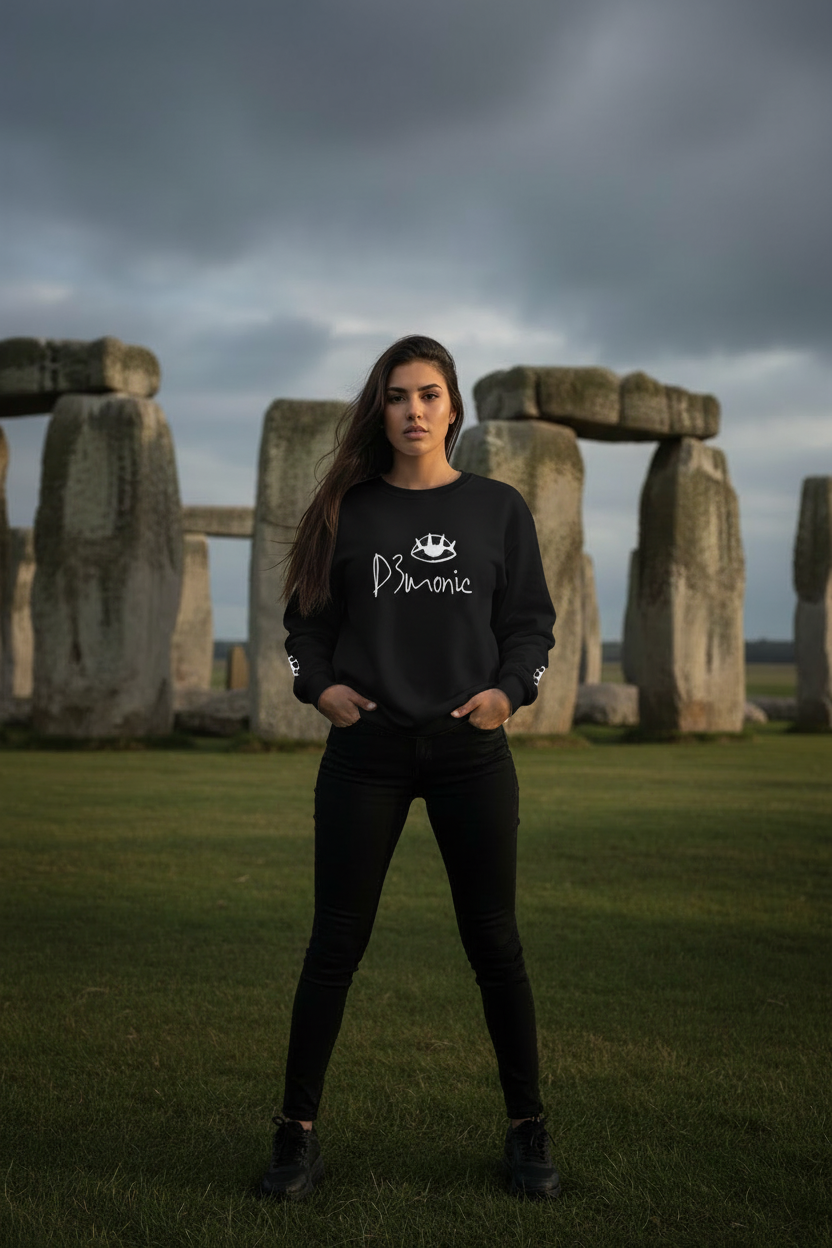 Woman wearing black D3monic sweatshirt in front of Stonehenge