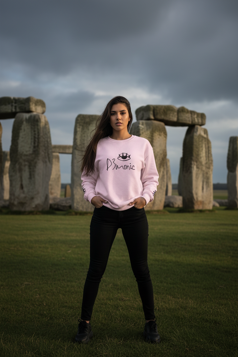 Woman wearing D3monic sweatshirt in front of Stonehenge